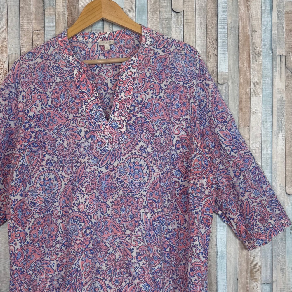 Talbots 3X Pink Blue Paisley 100% Cotton Tunic Blouse 3/4 Sleeve V-Neck Top - Picture 2 of 8